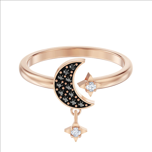 Swarovski Symbolic Moon Motif Ring, Black, Rose-gold tone