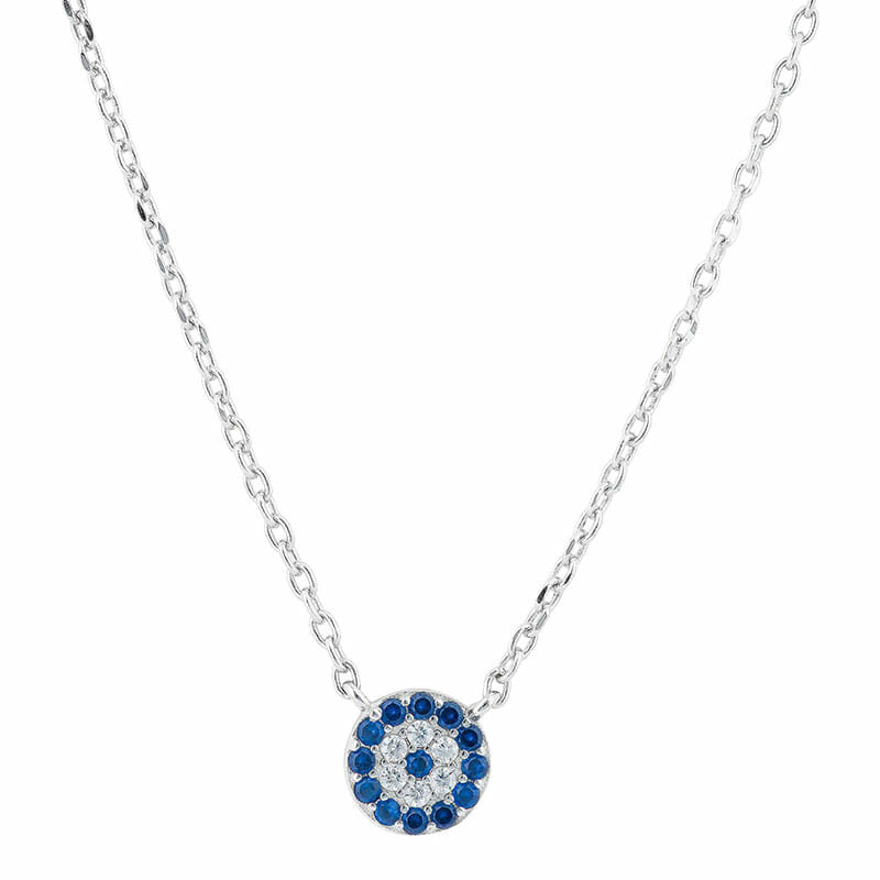 Rhodium Plated Sterling Silver 7.5mm Round Blue Evil Eye CZ Necklace - 42+3cm