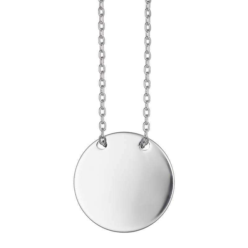 Rhodium Plated Sterling Silver Engravable ID 18mm Plain Disk Round Necklace